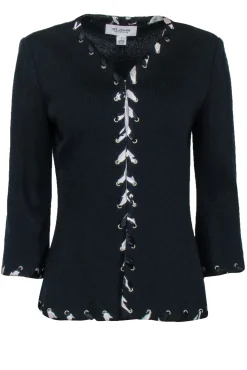 St. John Collection - Navy Blue Textured Cardigan w/ Ribbon Trim Sz 6
