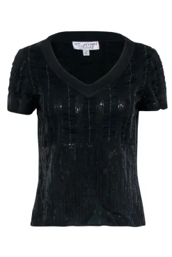 St. John Evening - Sparkly Black Knit Short Sleeve Shirt Sz M