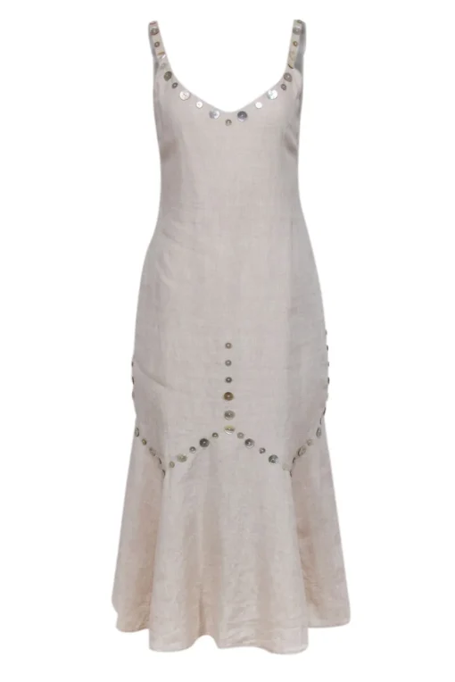 Staud - Beige Linen Midi Dress w/ Tortoise Button Trim Sz 4
