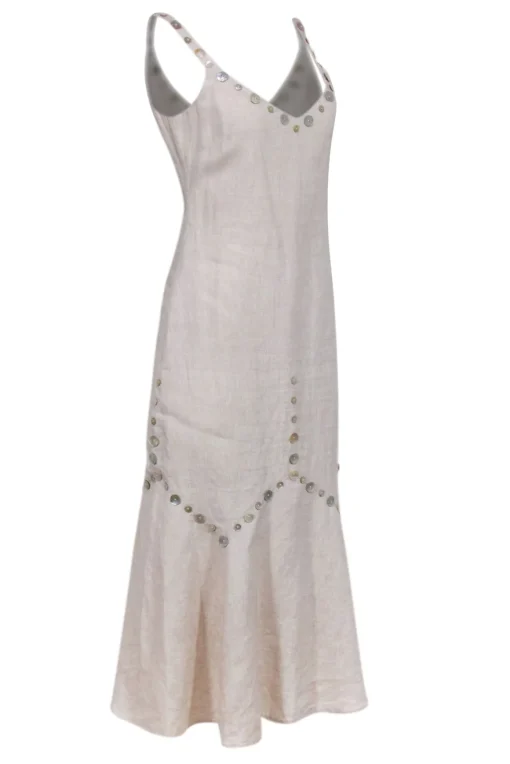 Staud - Beige Linen Midi Dress w/ Tortoise Button Trim Sz 4
