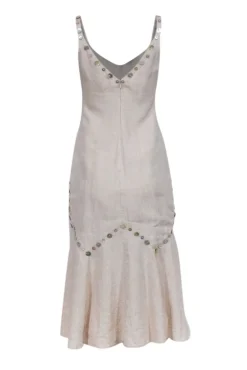Staud - Beige Linen Midi Dress w/ Tortoise Button Trim Sz 4