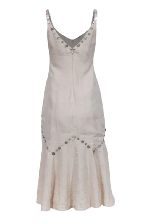 Staud - Beige Linen Midi Dress w/ Tortoise Button Trim Sz 4