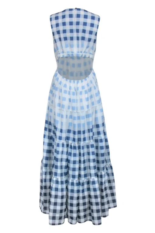 Staud - Blue Checkered Sleeveless Open Back Dress Sz L