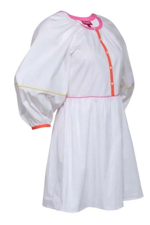 Staud - White Long Sleeve Babydoll Mini Dress w/ Colorful Trim Sz S