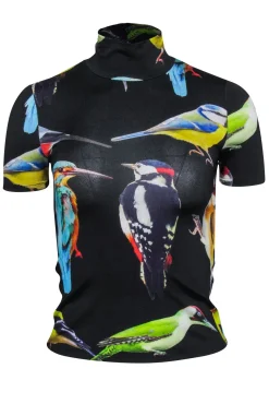 Stella McCartney - Black w/ Multicolor Bird Print Mock Neck Top Sz 0