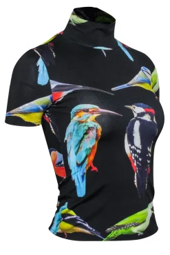 Stella McCartney - Black w/ Multicolor Bird Print Mock Neck Top Sz 0