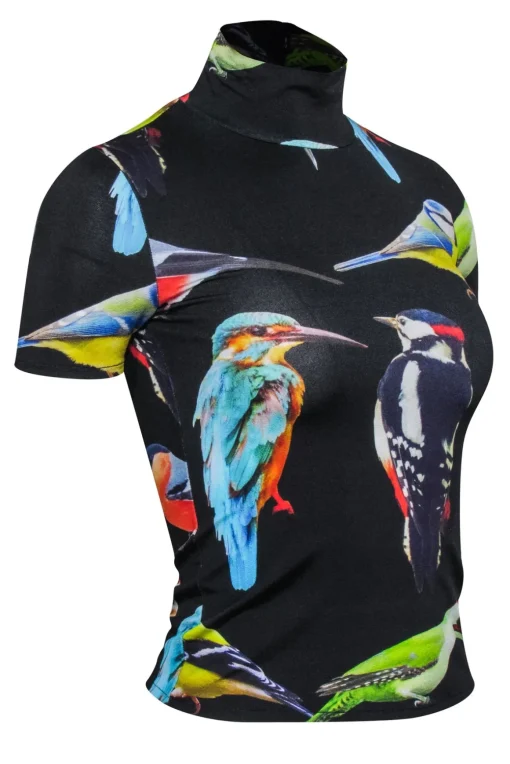 Stella McCartney - Black w/ Multicolor Bird Print Mock Neck Top Sz 0
