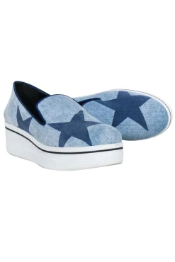 Stella McCartney - Blue Denim Chambray Star Print Platform Loafers Sz 11