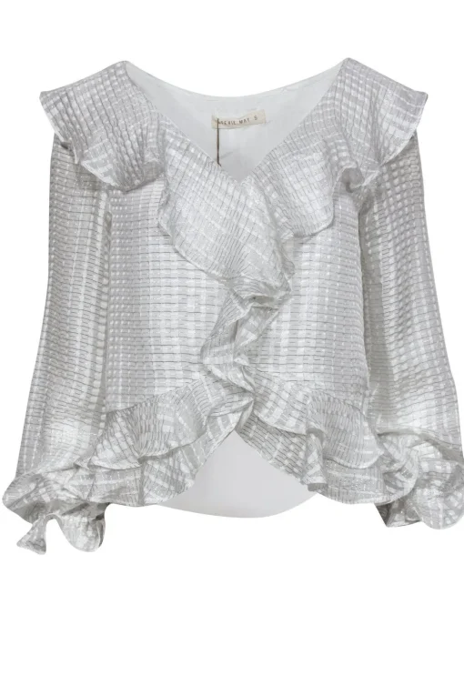 Stevie May - White & Silver Ruffle Long Sleeve Blouse Sz S