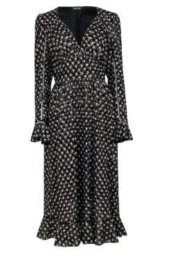 Stine Goya - Black & Star Print Long Sleeve Maxi Dress w/ Flounce Sz S