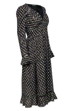 Stine Goya - Black & Star Print Long Sleeve Maxi Dress w/ Flounce Sz S