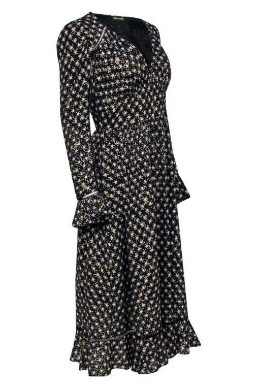 Stine Goya - Black & Star Print Long Sleeve Maxi Dress w/ Flounce Sz S