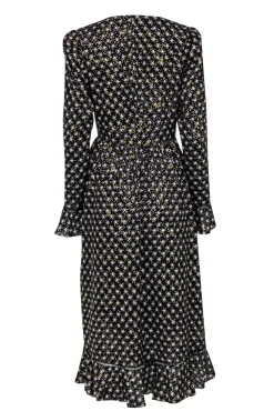 Stine Goya - Black & Star Print Long Sleeve Maxi Dress w/ Flounce Sz S