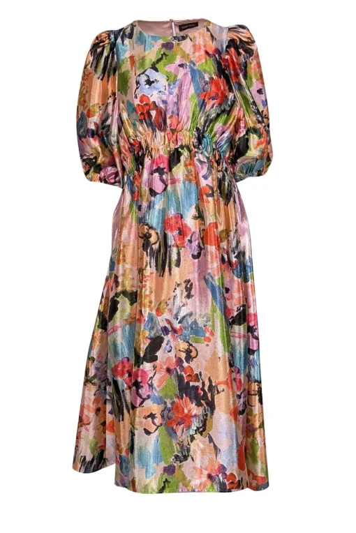 Stine Goya - Peach & Multi Color Print Puff Sleeve Dress Sz XS