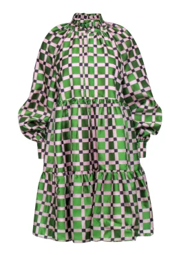 Stine Goya - Pink & Green Checkered Print PuffSleeve Dress Sz XS