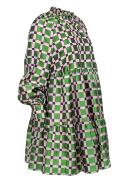 Stine Goya - Pink & Green Checkered Print PuffSleeve Dress Sz XS