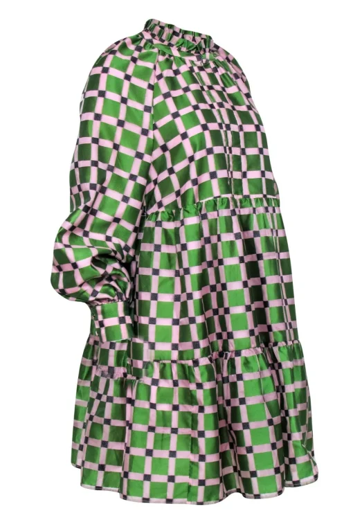 Stine Goya - Pink & Green Checkered Print PuffSleeve Dress Sz XS
