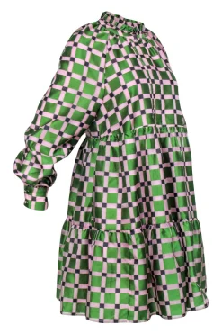 Stine Goya - Pink & Green Checkered Print PuffSleeve Dress Sz XS