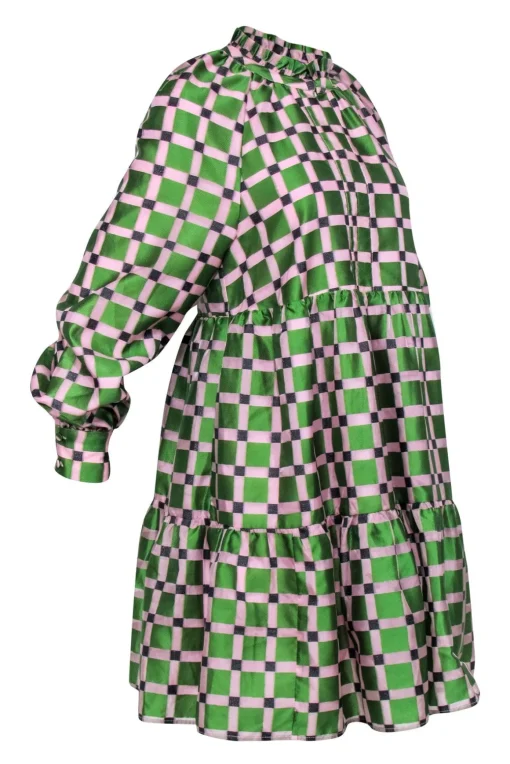 Stine Goya - Pink & Green Checkered Print PuffSleeve Dress Sz XS