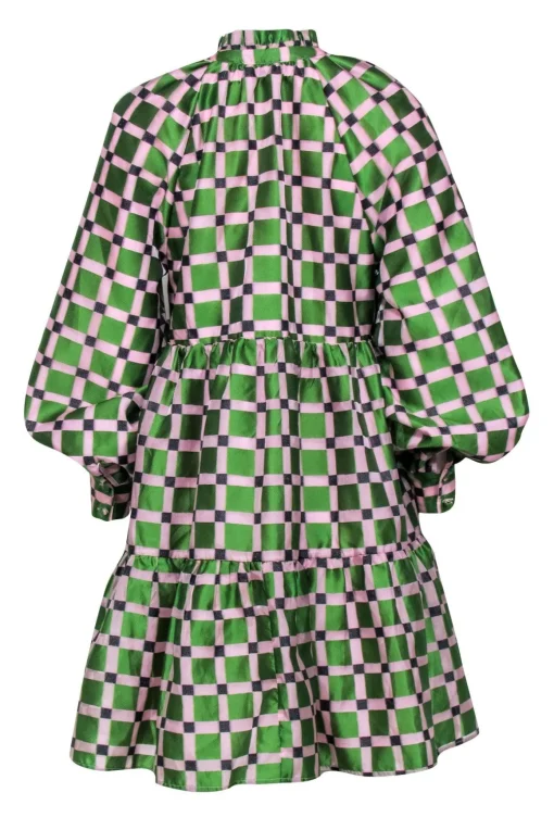 Stine Goya - Pink & Green Checkered Print PuffSleeve Dress Sz XS