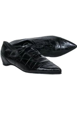 Stuart Weitzman - Black Croc Embossed Leather Flat Shoes Sz 8