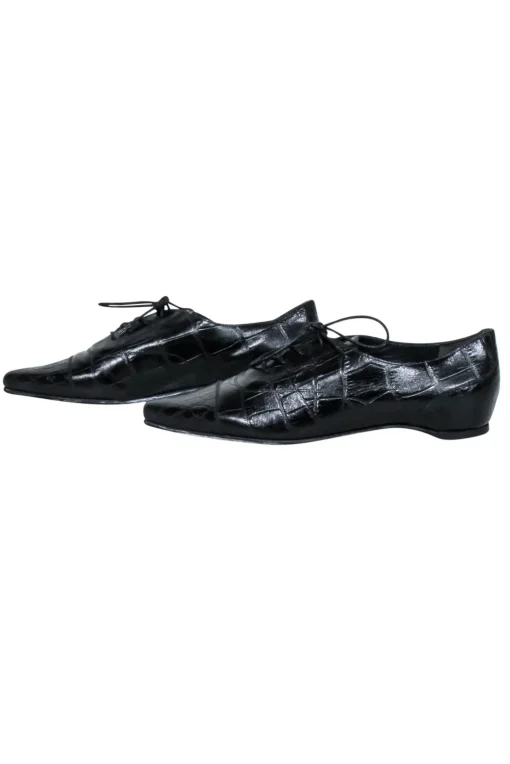 Stuart Weitzman - Black Croc Embossed Leather Flat Shoes Sz 8