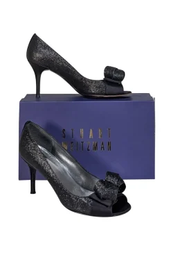 Stuart Weitzman - Black Glitter Peep Toe Basic Pumps Sz 9