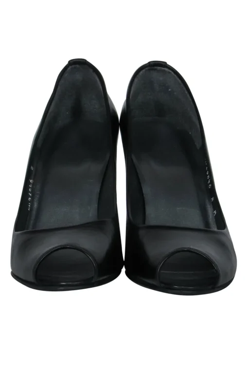 Stuart Weitzman - Black Leather Peep Toe Wedges Sz 8