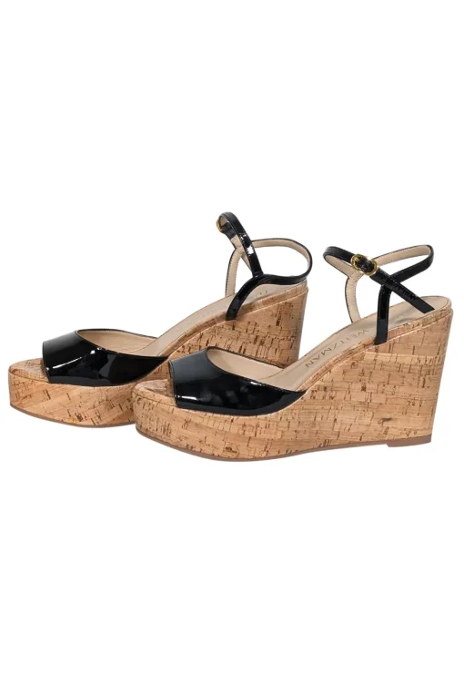 Stuart Weitzman - Black Patent Leather Peep Toe Wedges Sz 8