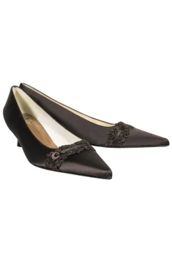 Stuart Weitzman - Brown Pointed Toe Satin Kitten Heels w/ Metallic Applique Sz 9.5