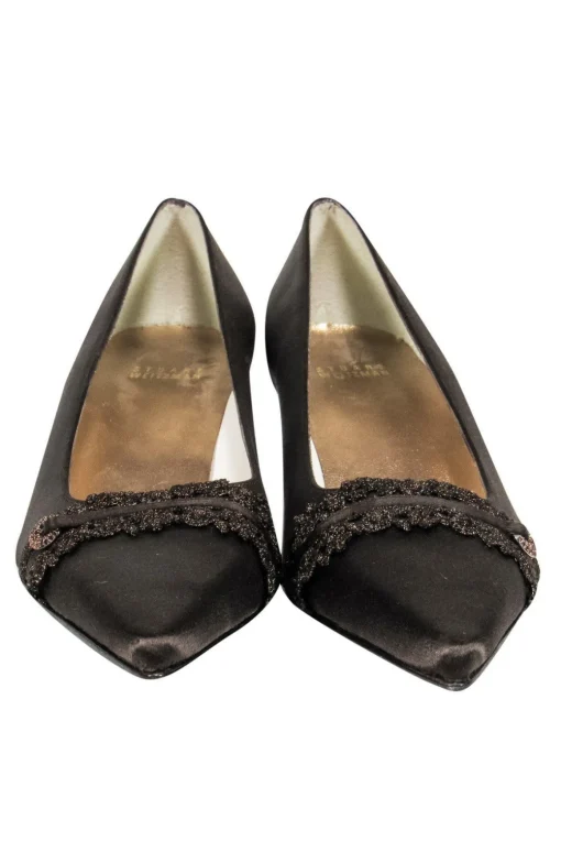 Stuart Weitzman - Brown Pointed Toe Satin Kitten Heels w/ Metallic Applique Sz 9.5