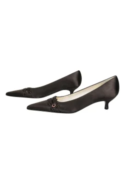 Stuart Weitzman - Brown Pointed Toe Satin Kitten Heels w/ Metallic Applique Sz 9.5