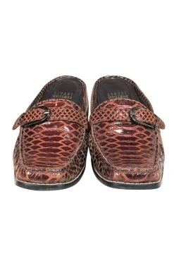 Stuart Weitzman - Brown Square Toe Embossed Leather Mules Sz 7.5