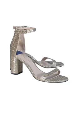 Stuart Weitzman - Champgane Gold Glitter Block Heel Sandal Sz 9.5