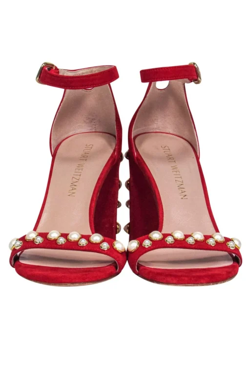 Stuart Weitzman - Red Suede Strappy Pumps w/ Pearl Embellishments Sz 7.5