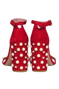 Stuart Weitzman - Red Suede Strappy Pumps w/ Pearl Embellishments Sz 7.5
