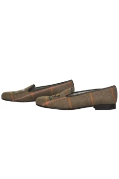 Stubbs & Wootton - Green Plaid Woven Slipper Flats w/ Equestrian Embroidery Sz 9