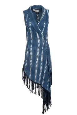 Studio 189 - Blue & White Sleeveless Wrap w/ Fringe on Hem Dress Sz S