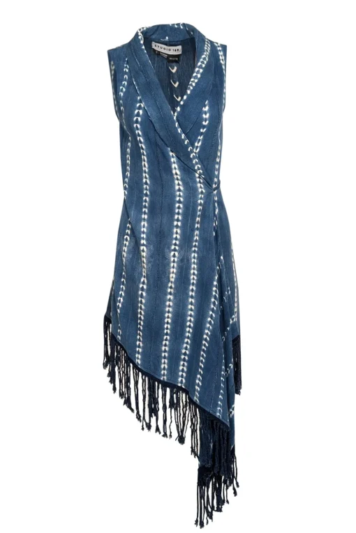 Studio 189 - Blue & White Sleeveless Wrap w/ Fringe on Hem Dress Sz S