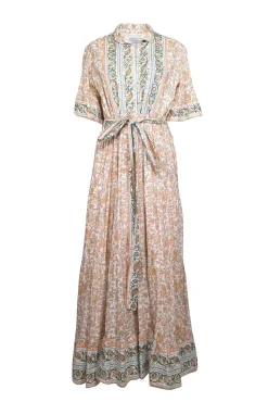 Sue Sartor - Ivory, Orange, & Green Print Maxi Dress Sz M
