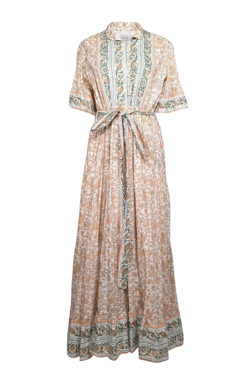 Sue Sartor - Ivory, Orange, & Green Print Maxi Dress Sz M