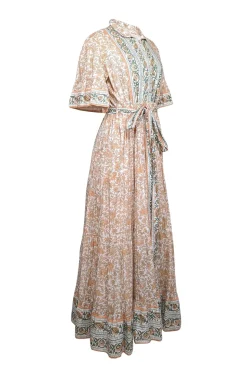 Sue Sartor - Ivory, Orange, & Green Print Maxi Dress Sz M