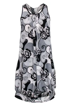 Sue Wong - Black & Grey Printed Shift Dress w/ Bubble Hem Sz 6