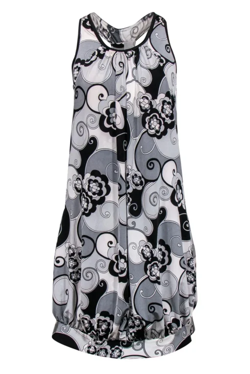 Sue Wong - Black & Grey Printed Shift Dress w/ Bubble Hem Sz 6