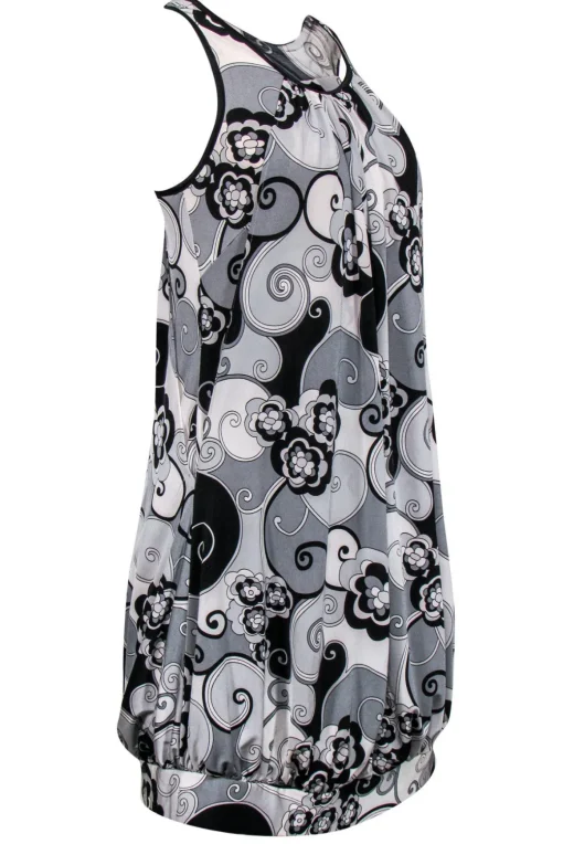 Sue Wong - Black & Grey Printed Shift Dress w/ Bubble Hem Sz 6