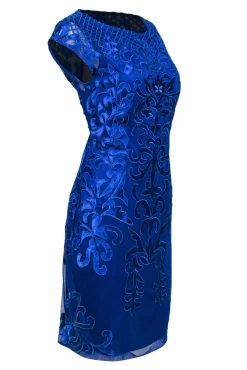 Sue Wong - Cobalt Blue Metallic Embroidered Sheath Dress Sz 12