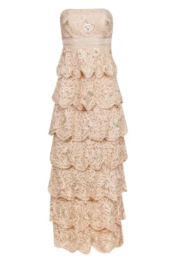 Sue Wong - Nude Embellished Lace Layer Strapless Gown Sz 0