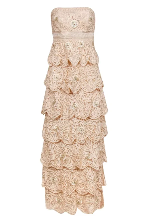 Sue Wong - Nude Embellished Lace Layer Strapless Gown Sz 0