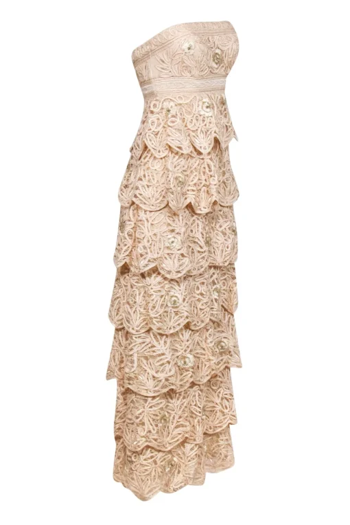 Sue Wong - Nude Embellished Lace Layer Strapless Gown Sz 0