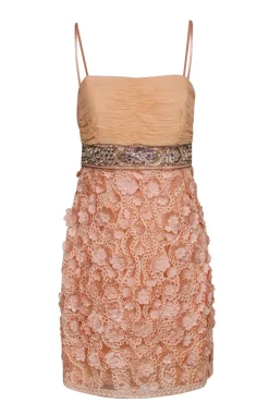 Sue Wong - Pale Pink Sheath Dress w/ Floral Appliques & Beaded Waist Sz 10